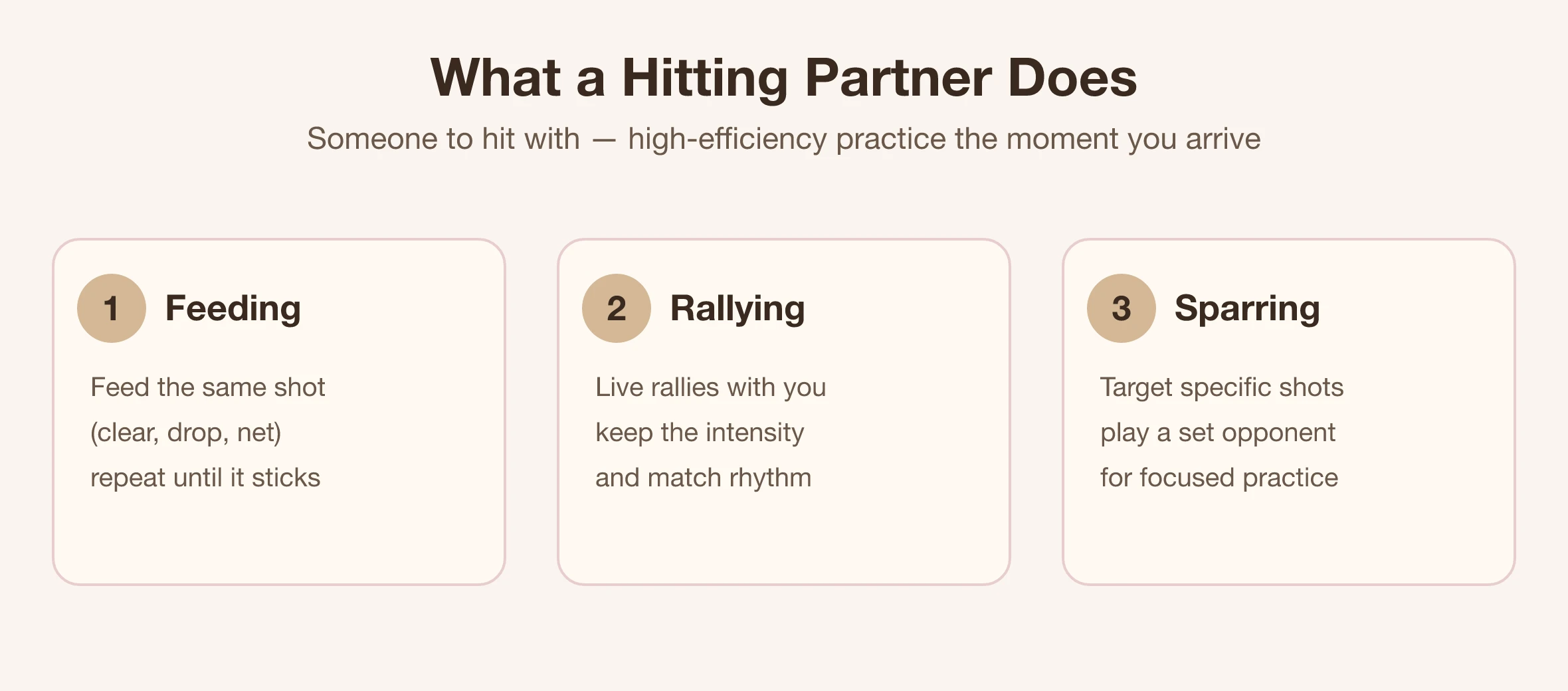 Diagram of what a badminton hitting partner does: feeding drills, rally practice, simulating an opponent | Made Studio Taipei