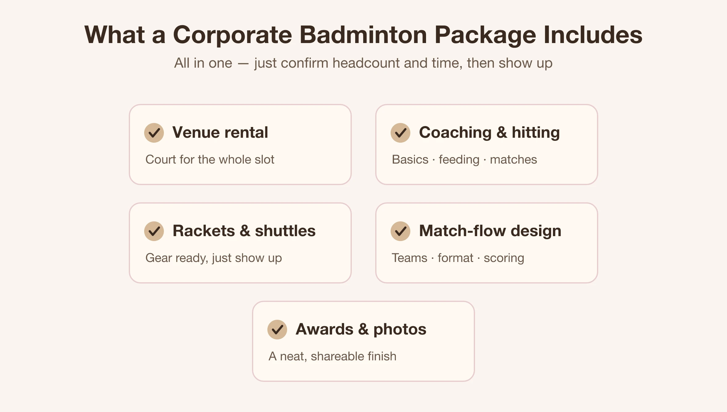 Diagram of what a corporate badminton venue package includes: venue, coaches, gear, flow, awards | Made Studio Taipei