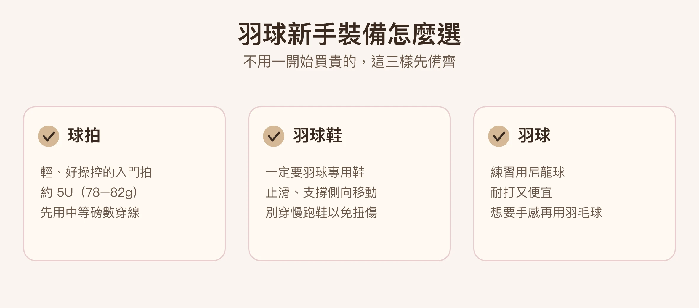 羽球新手裝備怎麼選示意圖：球拍、羽球鞋、羽球｜台北 Made Studio