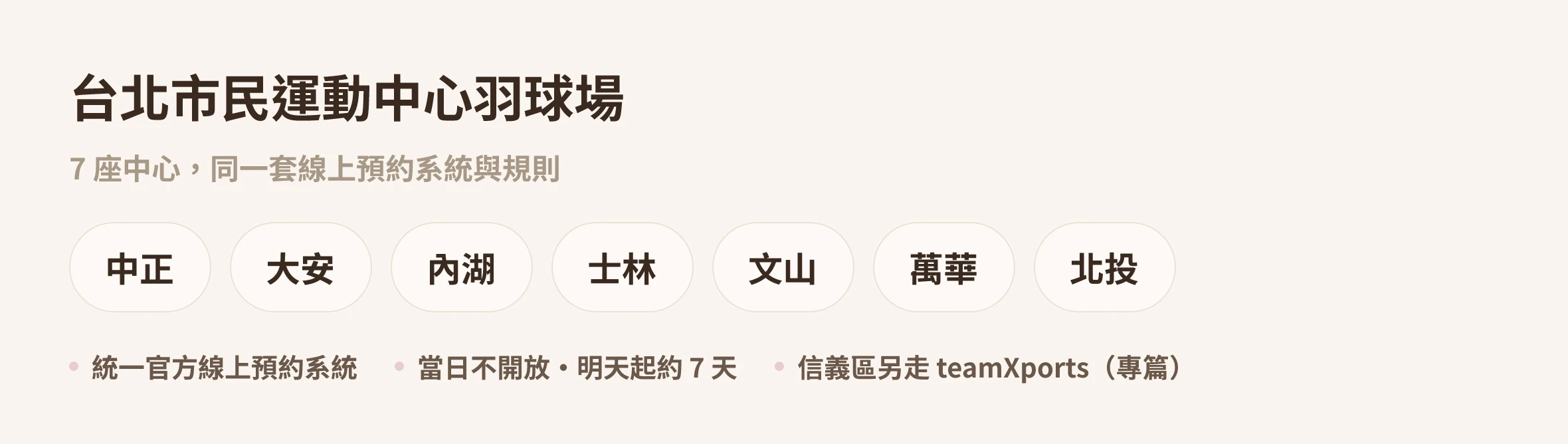台北市民運動中心羽球場示意圖：中正、大安、內湖、士林、文山、萬華、北投 7 座中心｜Made Studio