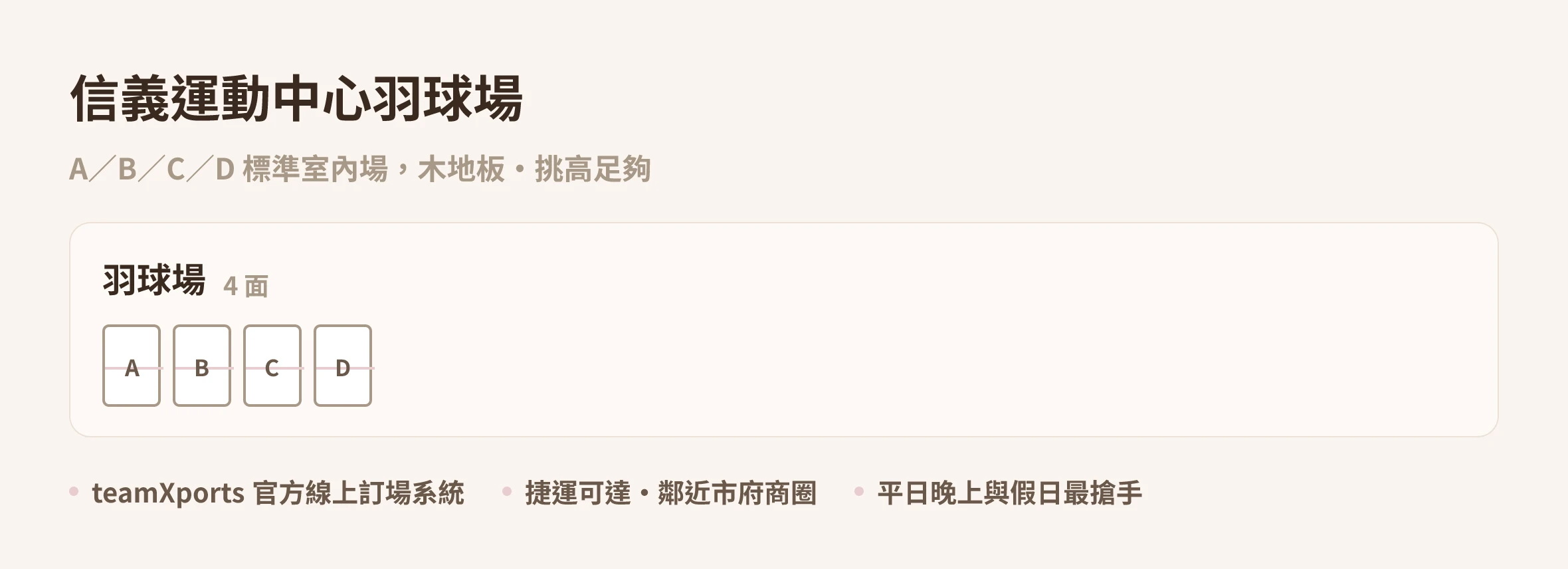 信義運動中心羽球場場地規模示意圖：A、B、C、D 四面標準室內場，木地板、挑高足夠｜台北 Made Studio